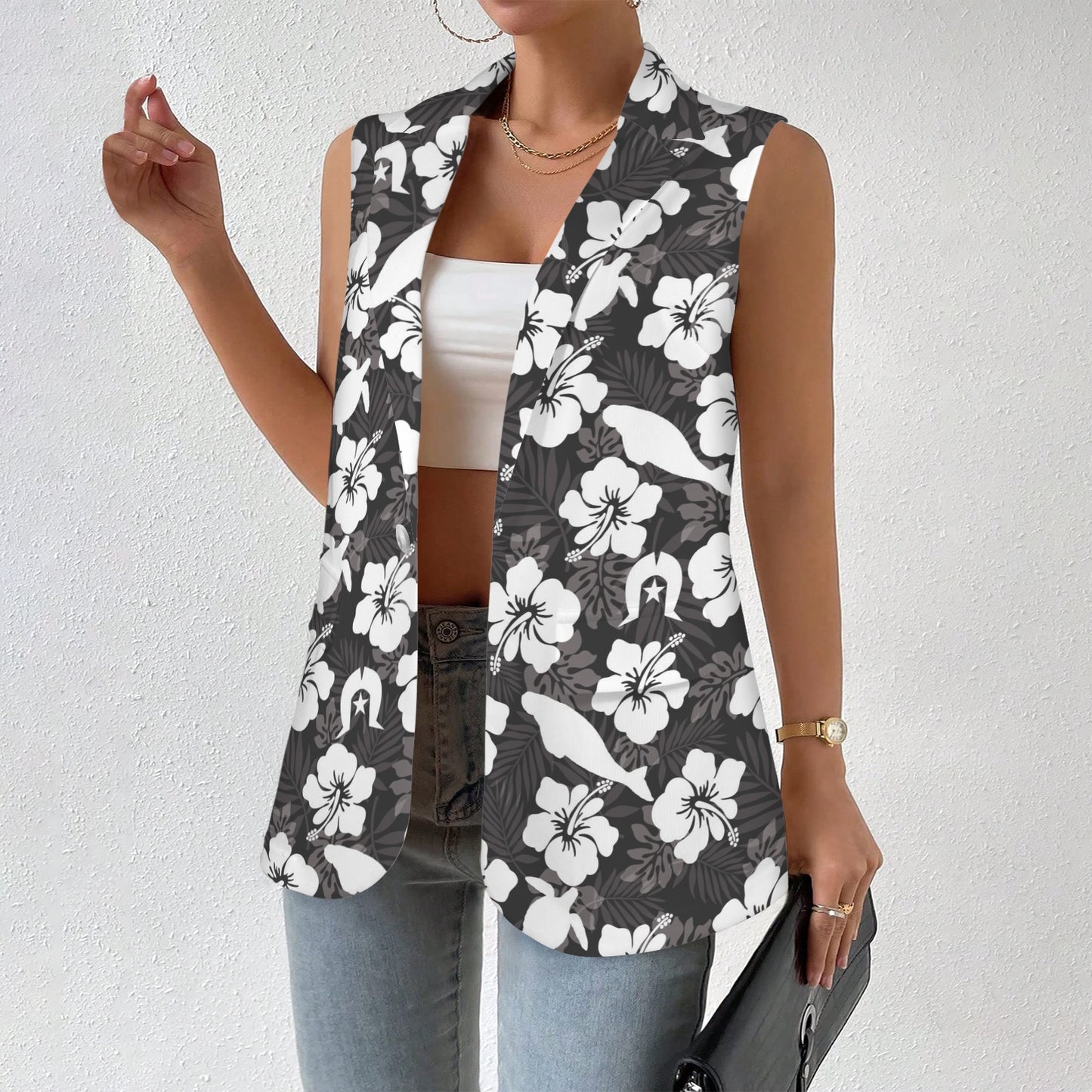 White hibiscus flowers with Dhari, Dugong and Turtle (Black) on Women Sleeveless Suit Vest