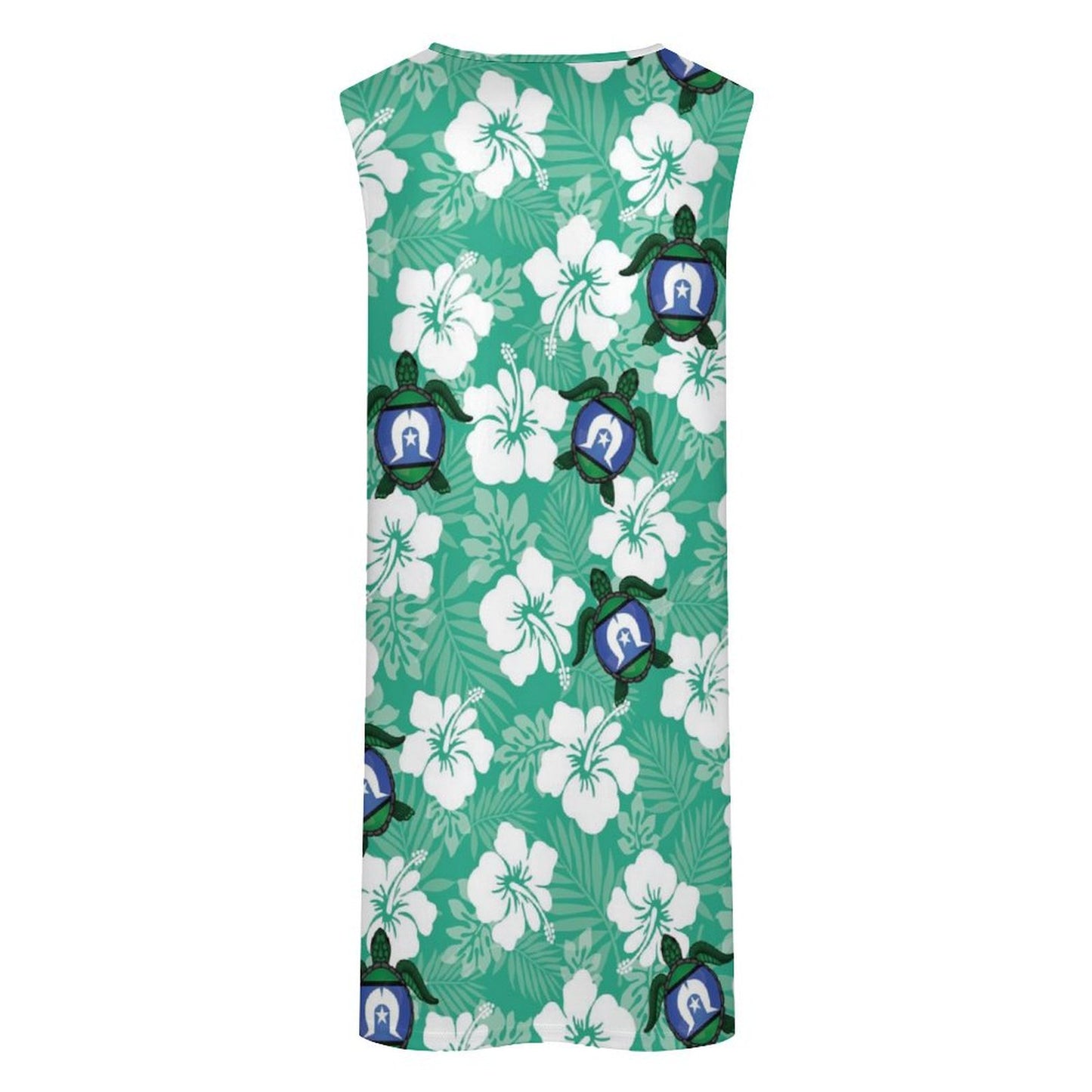 White hibiscus and Turtle with Torres Strait flag on Sleeveless Pocket Dress