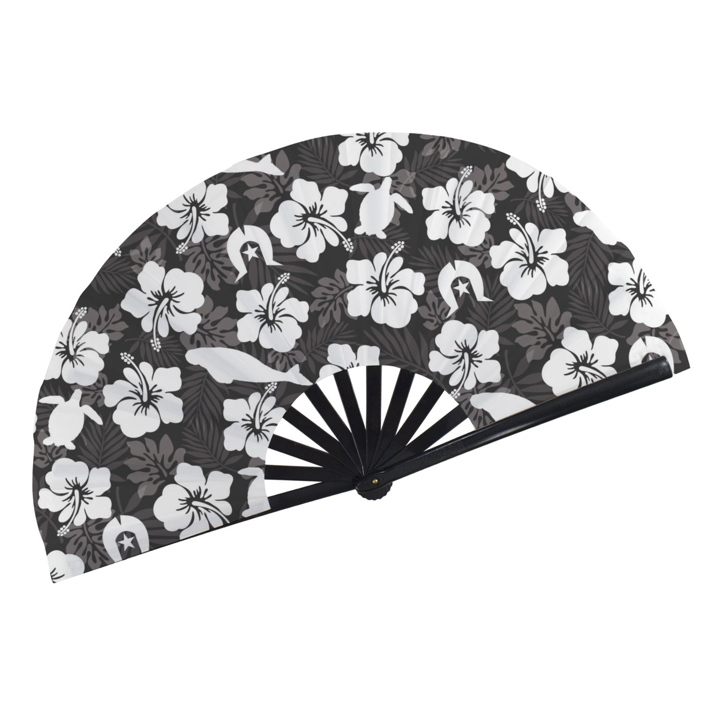 White Hibiscus flowers with Dugong, Turtle and Dhari (Black) on Folding Clack Fan