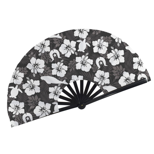 White Hibiscus flowers with Dugong, Turtle and Dhari (Black) on Folding Clack Fan