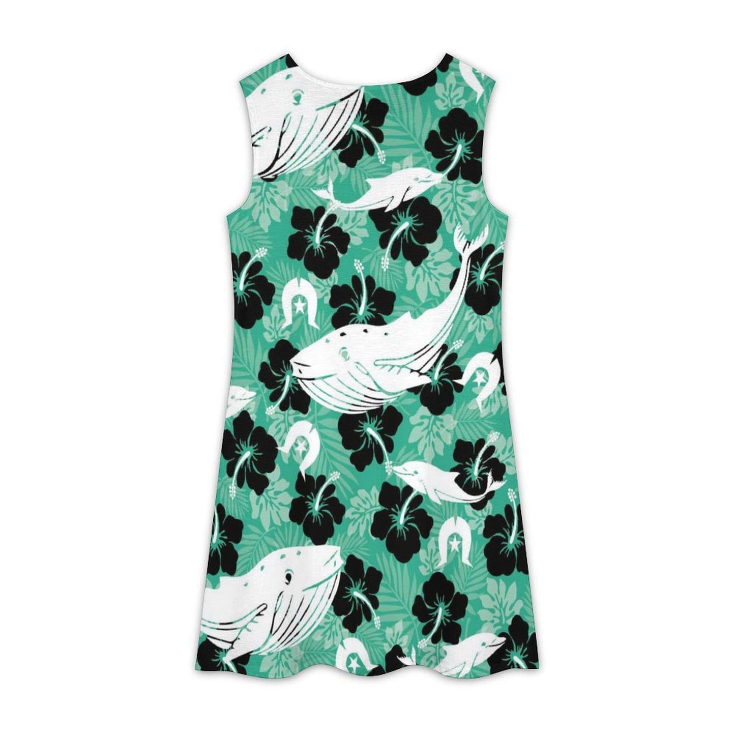 Black Hibiscus with Whale, Dolphin and Dhari on Sleeveless Dress