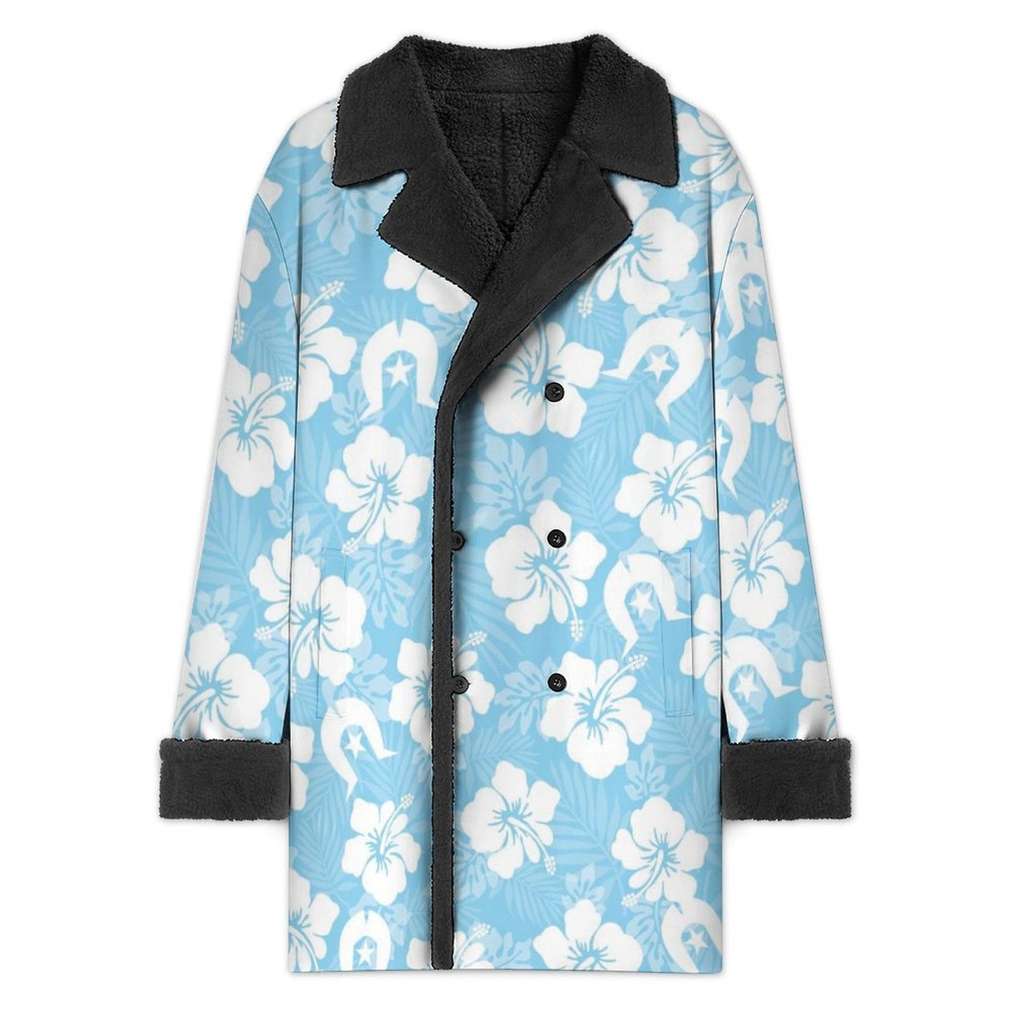 White Hibiscus and Dhari (blue) on Men's Double Breasted Coat