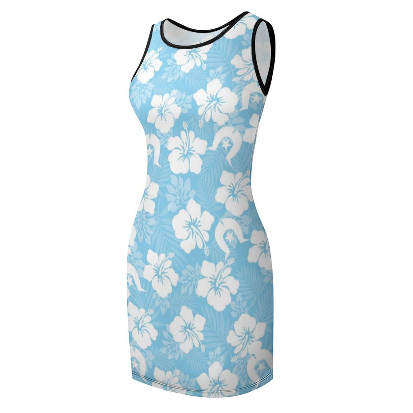 White Hibiscus and Dhari (blue) on Sleeveless Ladies Tank Dress