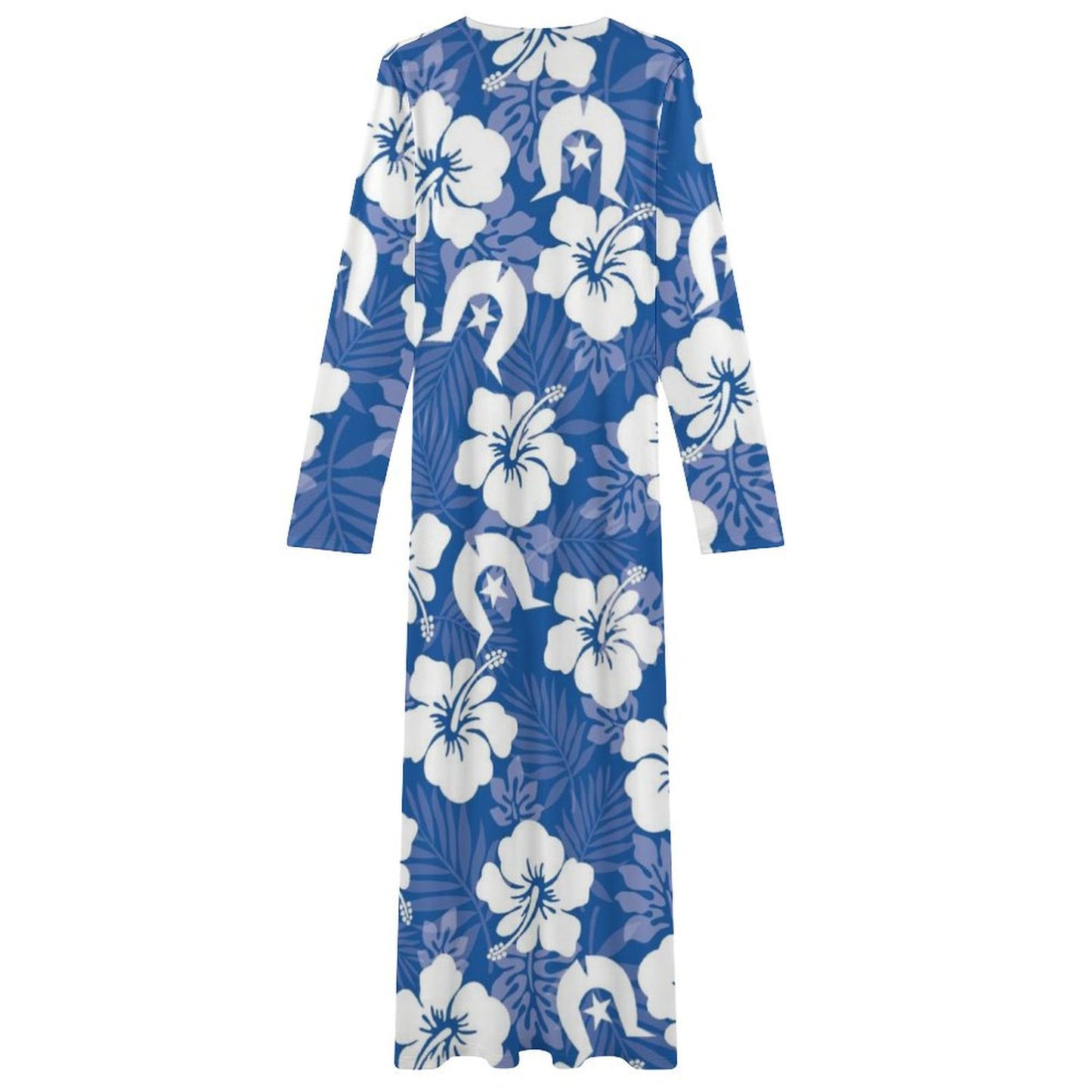 White Hibiscus and Dhari (Blue) on Long-Sleeve Draped Bodycon Dress