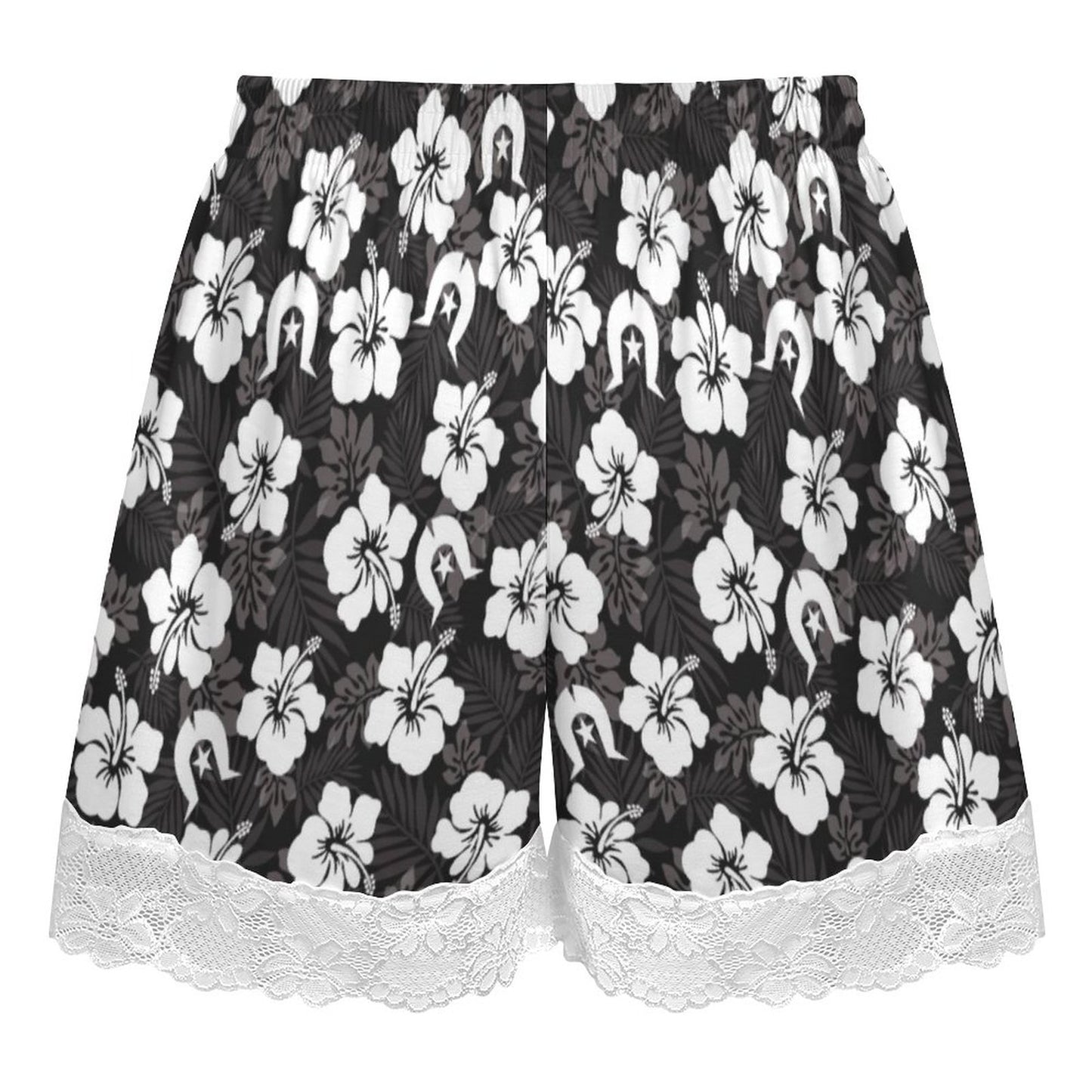 White Hibiscus and Dhari (Black) on 200gsm Women's Lace Trim Pajama Shorts
