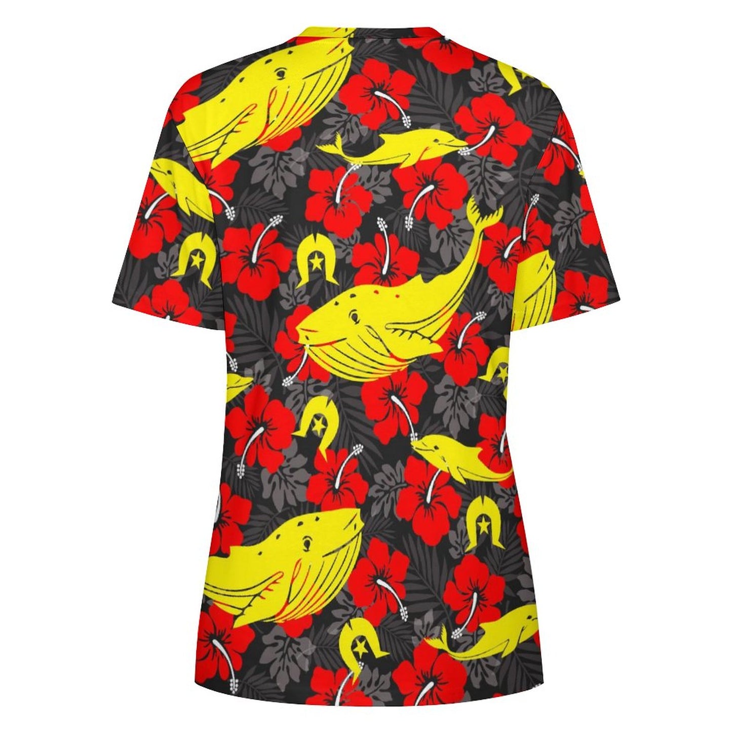 Royal Red Hibiscus with Yellow Dhari, Whale and Dolphin on Cotton Summer Short Sleeve T-Shirts for Women