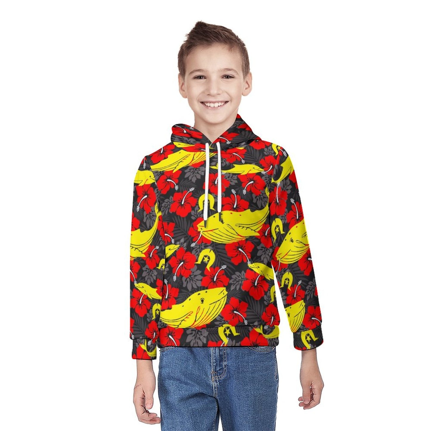 Royal Red Hibiscus with Yellow Dhari, Whale and Dolphin on Youth's Hoodie