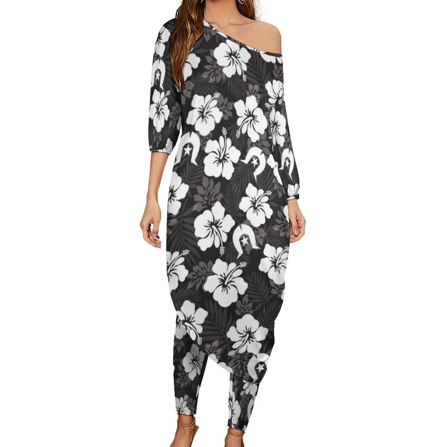 White Hibiscus and Dhari (Black) on Diagonal Shoulder Two Piece Set