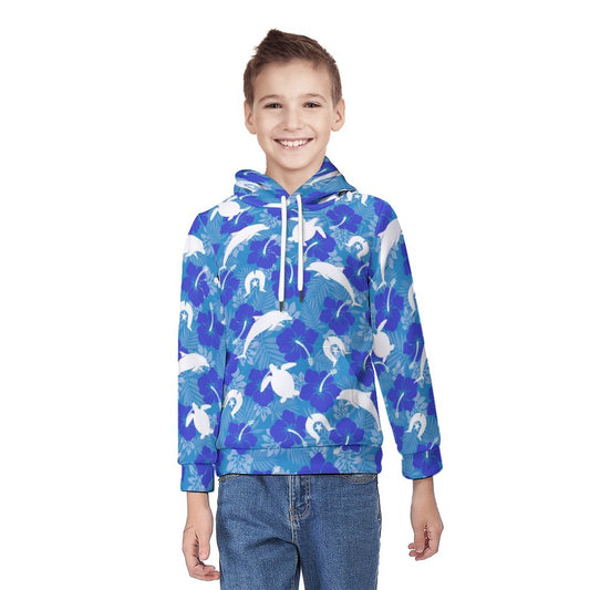 White Hibiscus flowers with Dolphin, Turtle and Dhari (Royal blue) on Youth's Hoodie