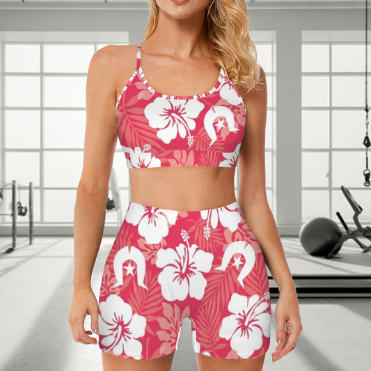 White Hibiscus flowers with Dhari (Red) on Cross Back String Sports Bra & High Waist Shorts Active Sets