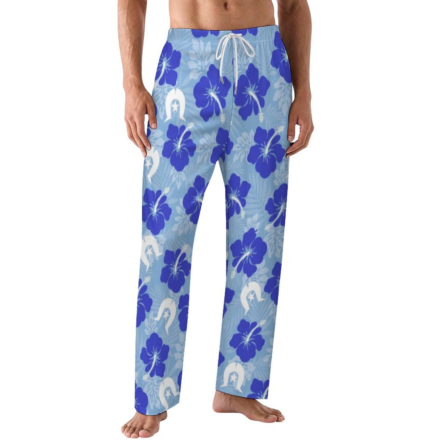 Hibiscus flowers with White Dhari (Sky blue) on Cotton Loose Loungewear Pants for Men
