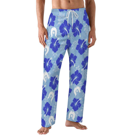 Hibiscus flowers with White Dhari (Sky blue) on Cotton Loose Loungewear Pants for Men