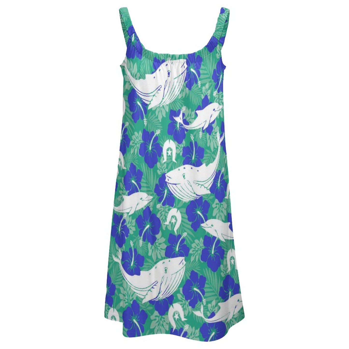 Royal Blue Hibiscus flowers with Whale, Dolphin and Dhari on Sleeveless Dress
