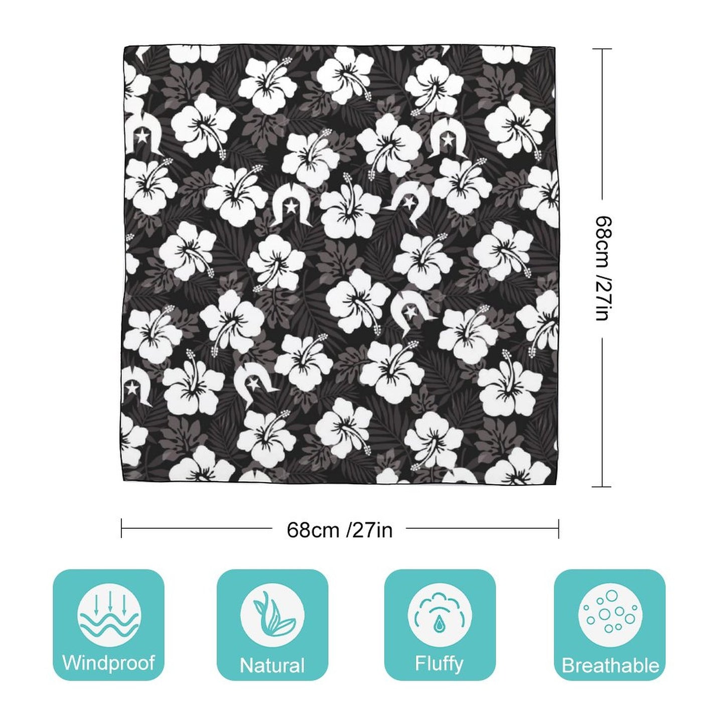 White Hibiscus and Dhari (Black) on  Women's Scarf