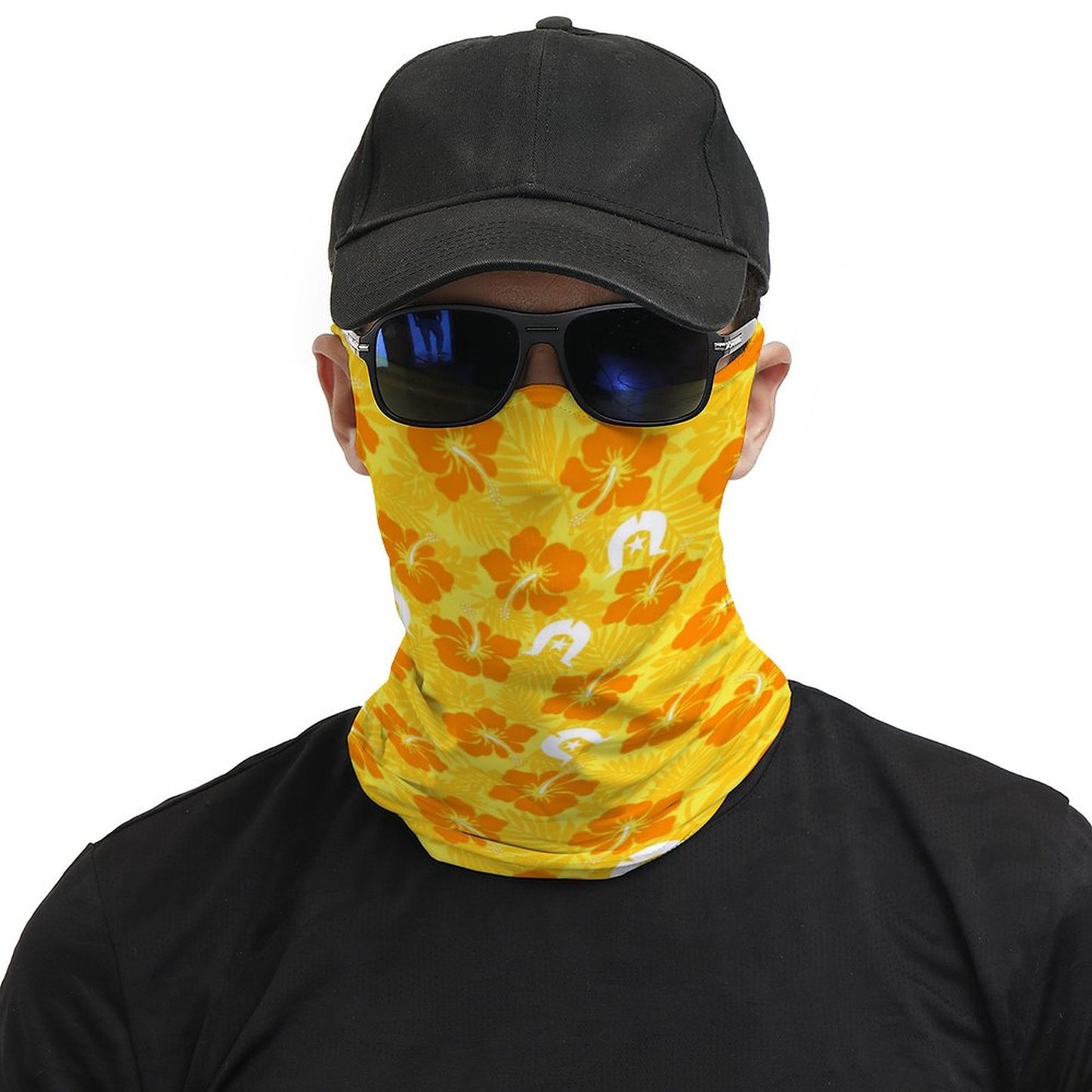 Hibiscus flowers with Dhari (Gold) on Unisex Multi-Purpose Face Mask Scarf Bandana