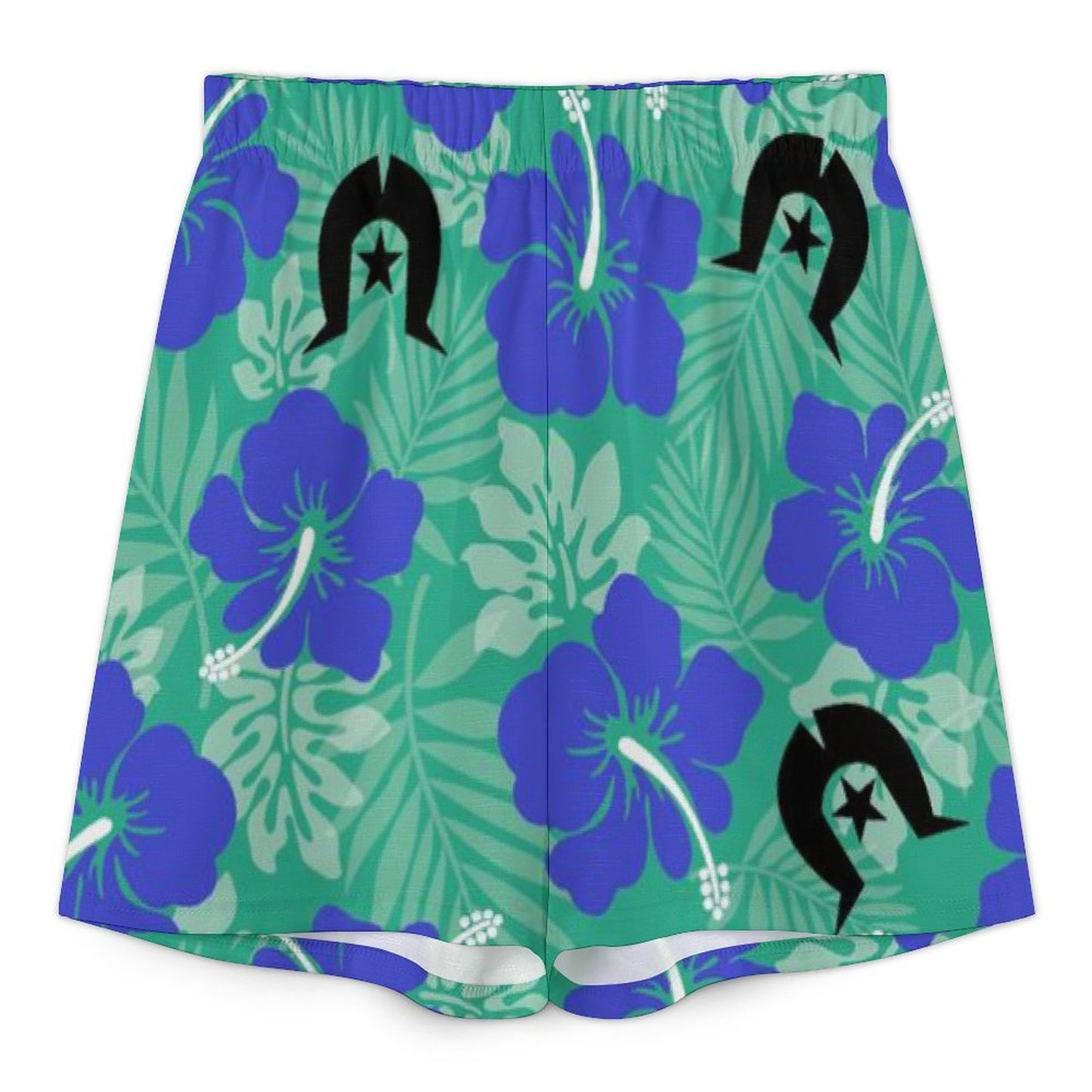 Royal Blue Hibiscus flowers with Black Dhari on  Mediterranean Style V-Neck Suit