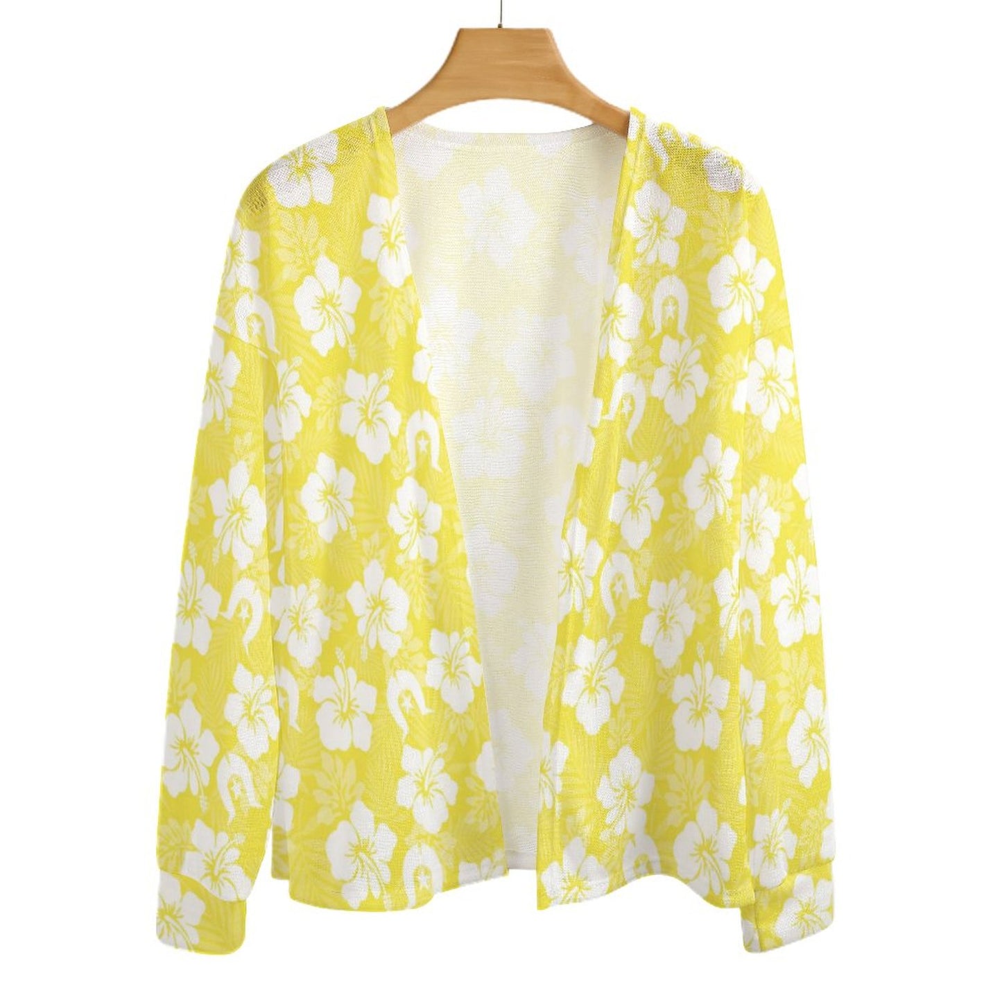 White Hibiscus flowers with Dhari (Yellow) on Long Sleeve Drop Shoulder Open Shirt