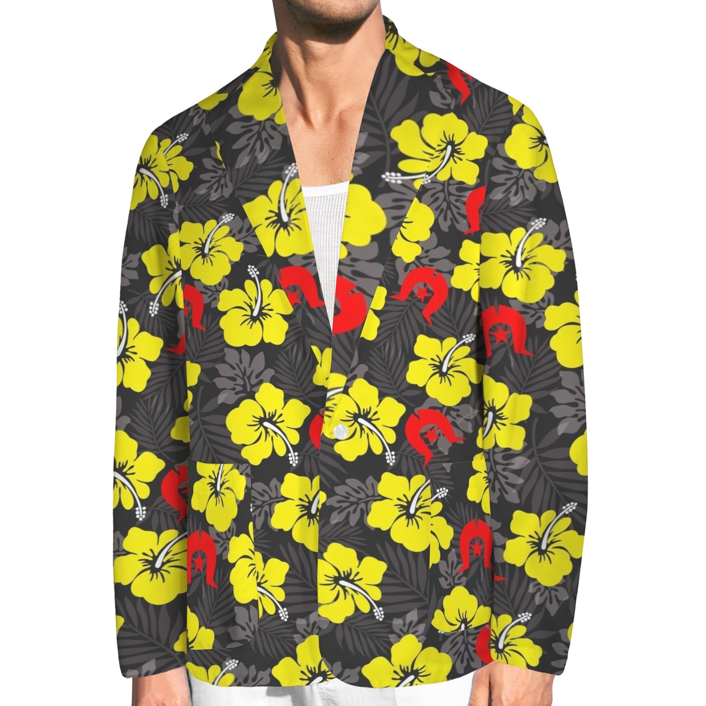 Royal yellow Hibiscus with Red Dhari on Men's Blazer