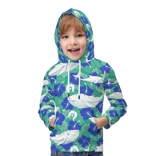 Royal Blue Hibiscus flowers with Whale, Dolphin and Dhari on Children's Hoodie