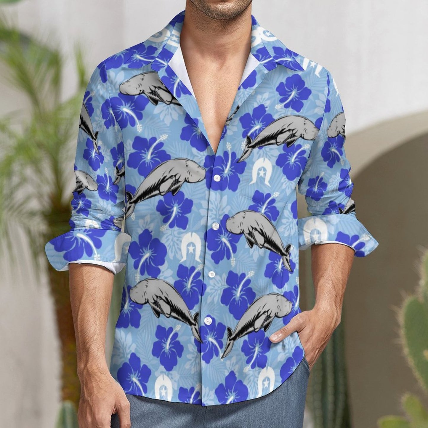 Hibiscus flowers with Dugong and Dhari (Sky blue) on Men Long Sleeve Shirt