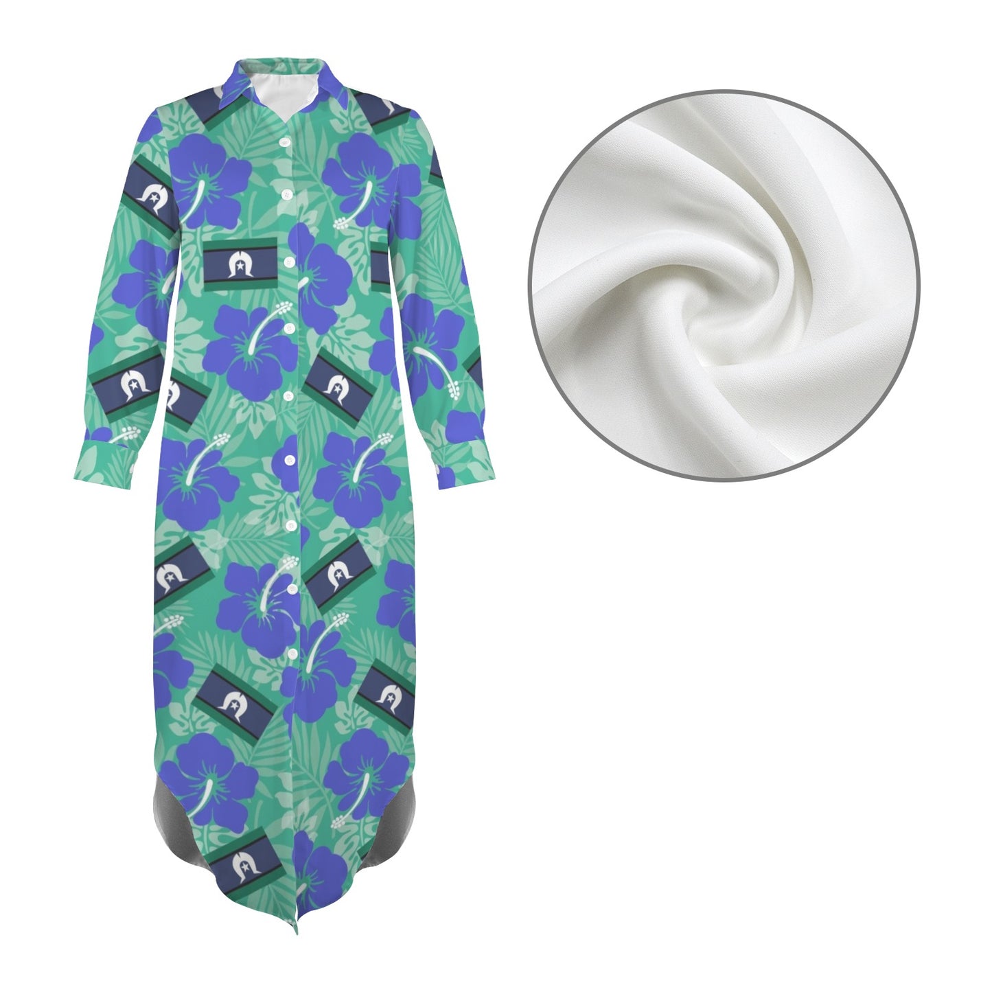Hibiscus flowers with Torres Strait flag on Button Long Sleeve Shirt Dress