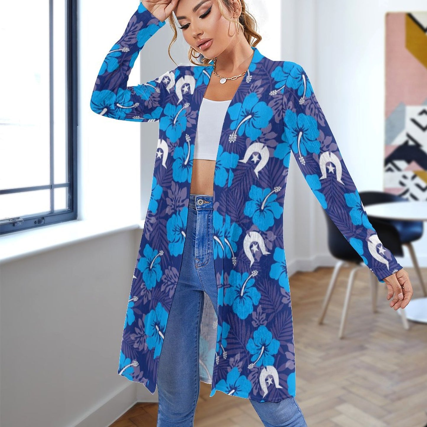 Hibiscus flowers with White Dhari (Royal blue) on Women's Mid-length Cardigan