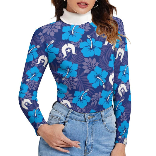 Hibiscus flowers with White Dhari (Royal blue) on Women Long Sleeve Turtleneck Sweater
