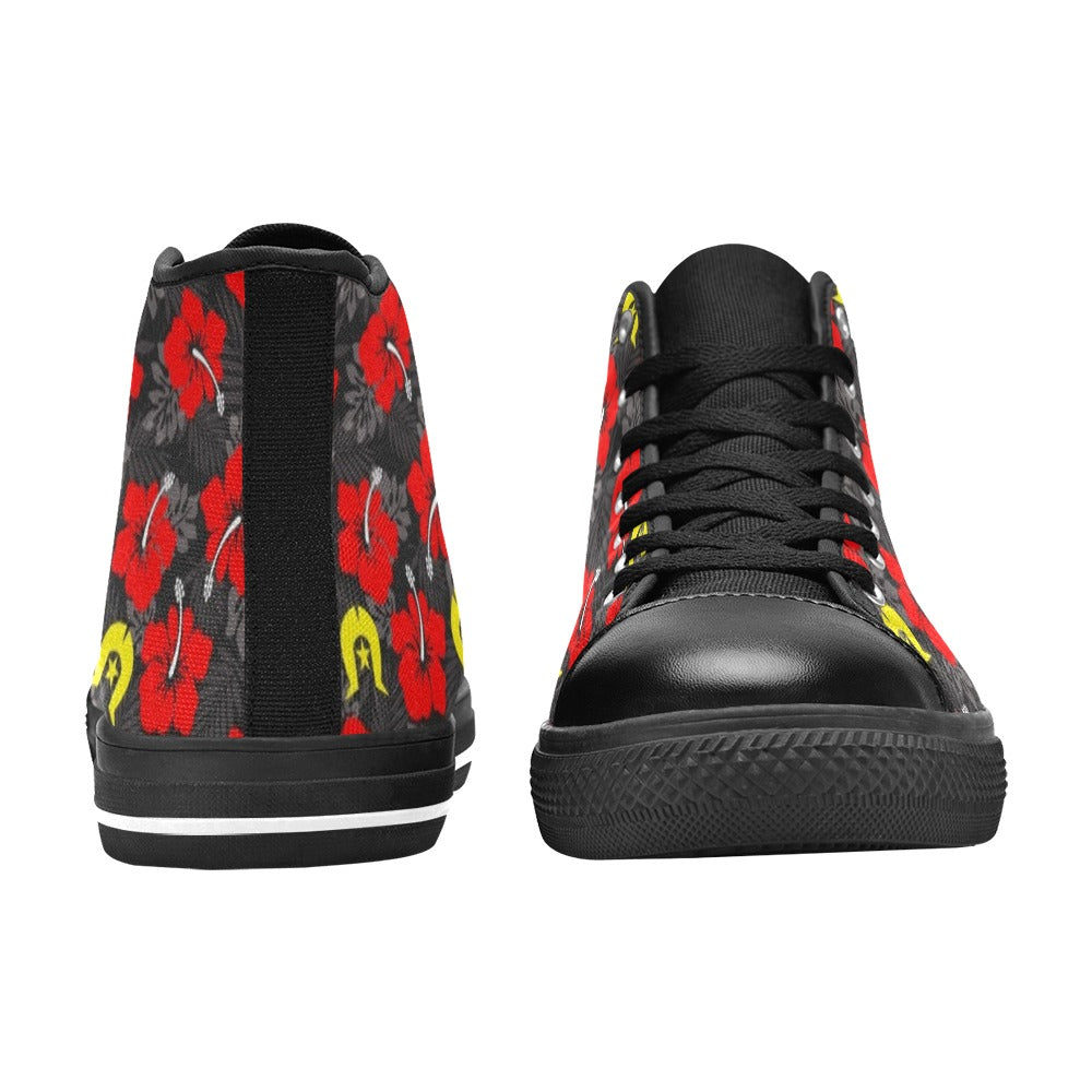 Royal Red Hibiscus with Yellow Dhari on Women's High Top Canvas Shoes