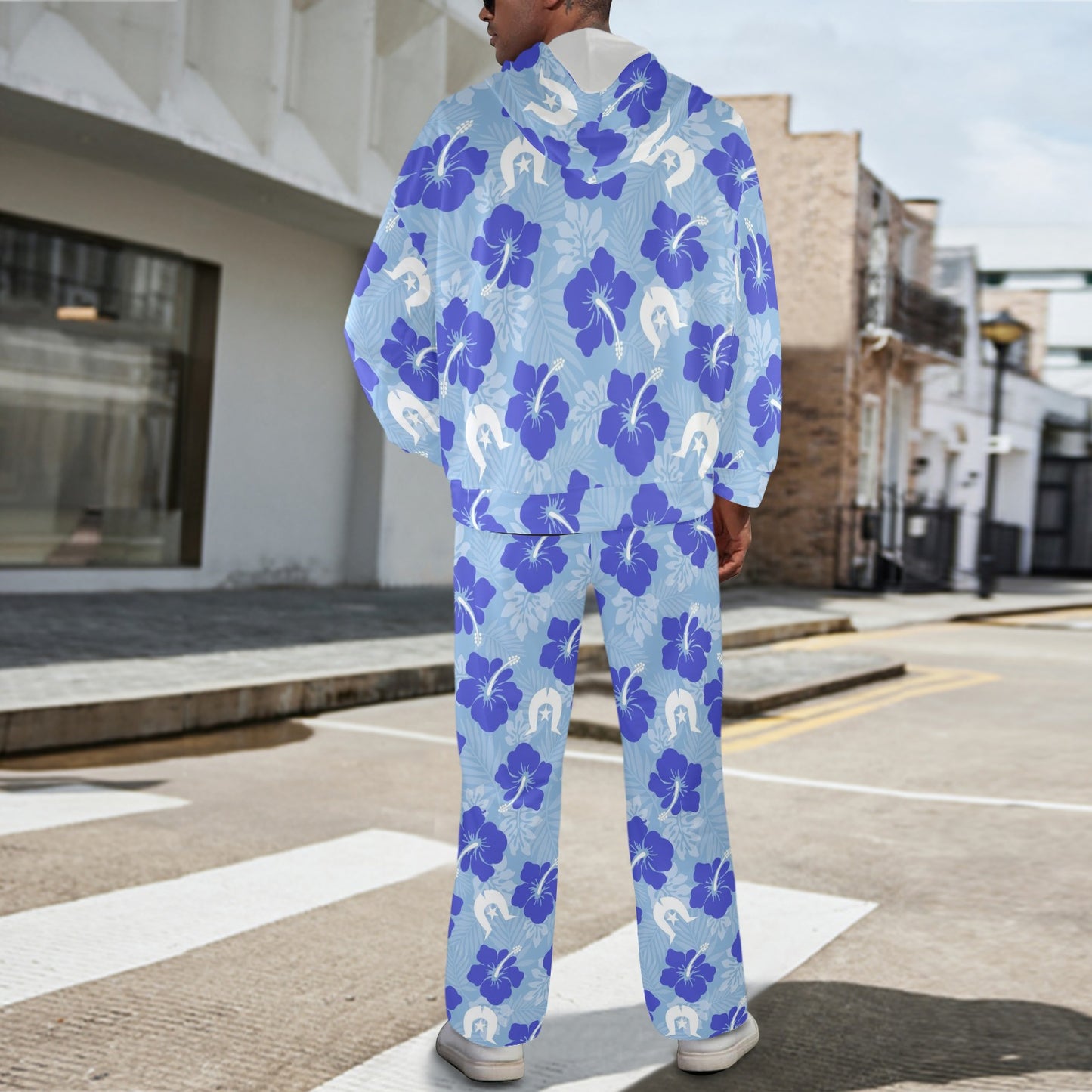 Hibiscus flowers with White Dhari (Sky blue) on Men's Streetwear Oversized Flared Tracksuit