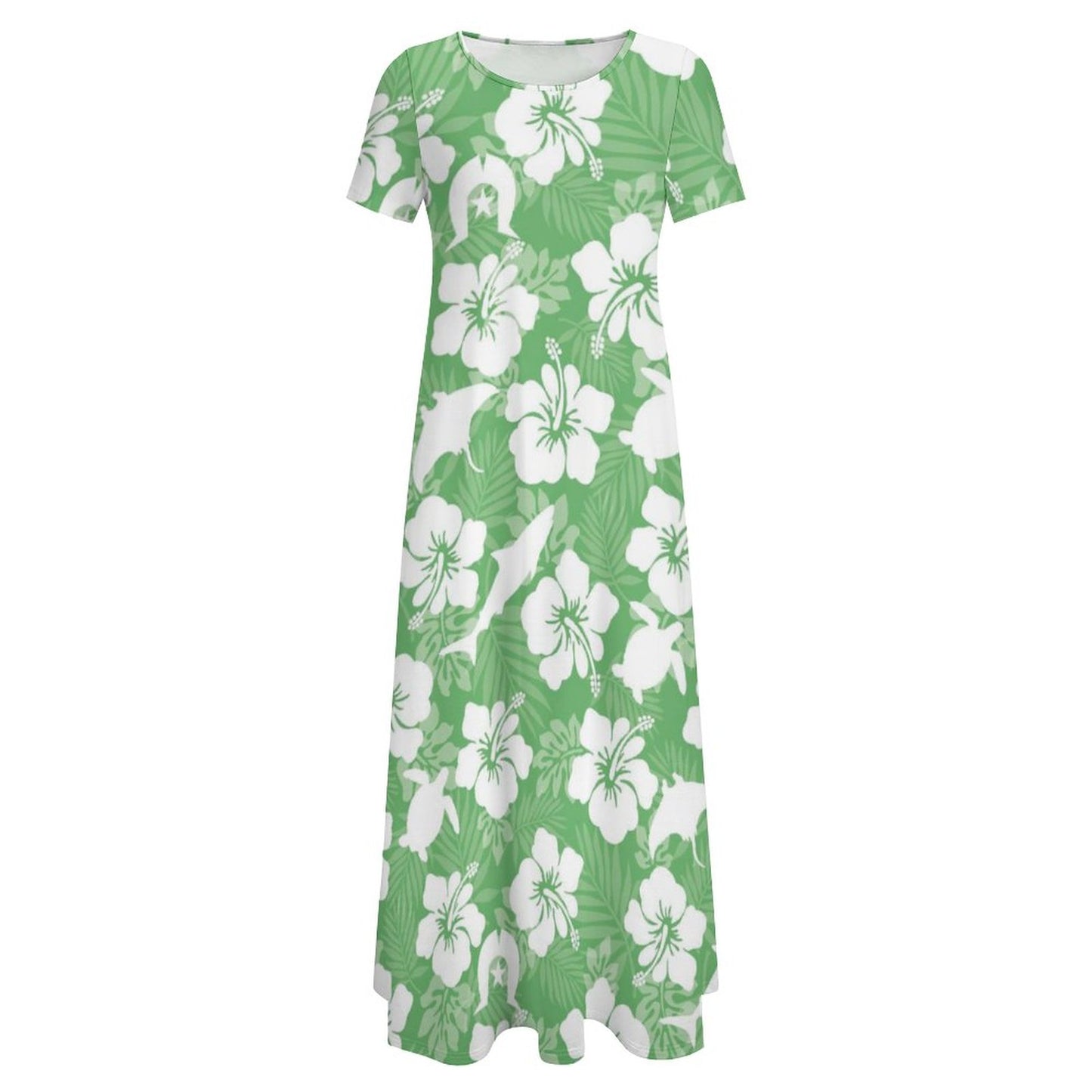 White hibiscus flowers with Dhari, Shark, turtle, and stingray (Green) on Round Neck Short Sleeve Dress