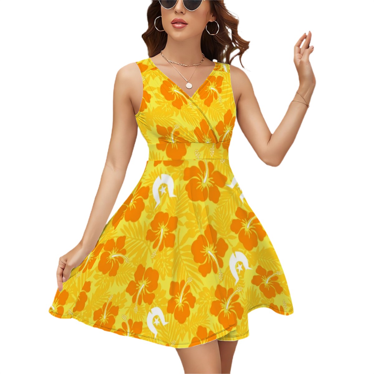 Hibiscus flowers with Dhari (Gold) on Sleeveless V Neck Dress