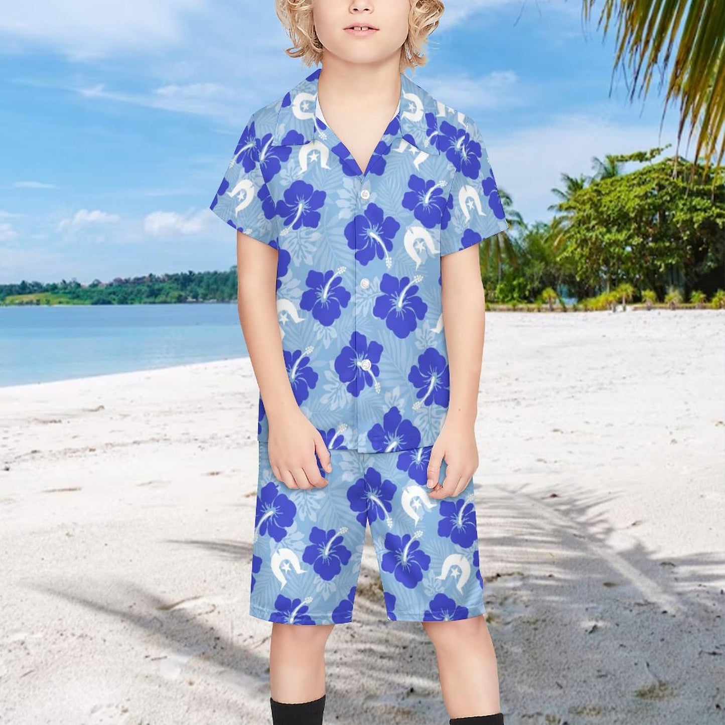 Hibiscus flowers with White Dhari (Sky blue) on Youth's/Kid's Casual Beach Outfit