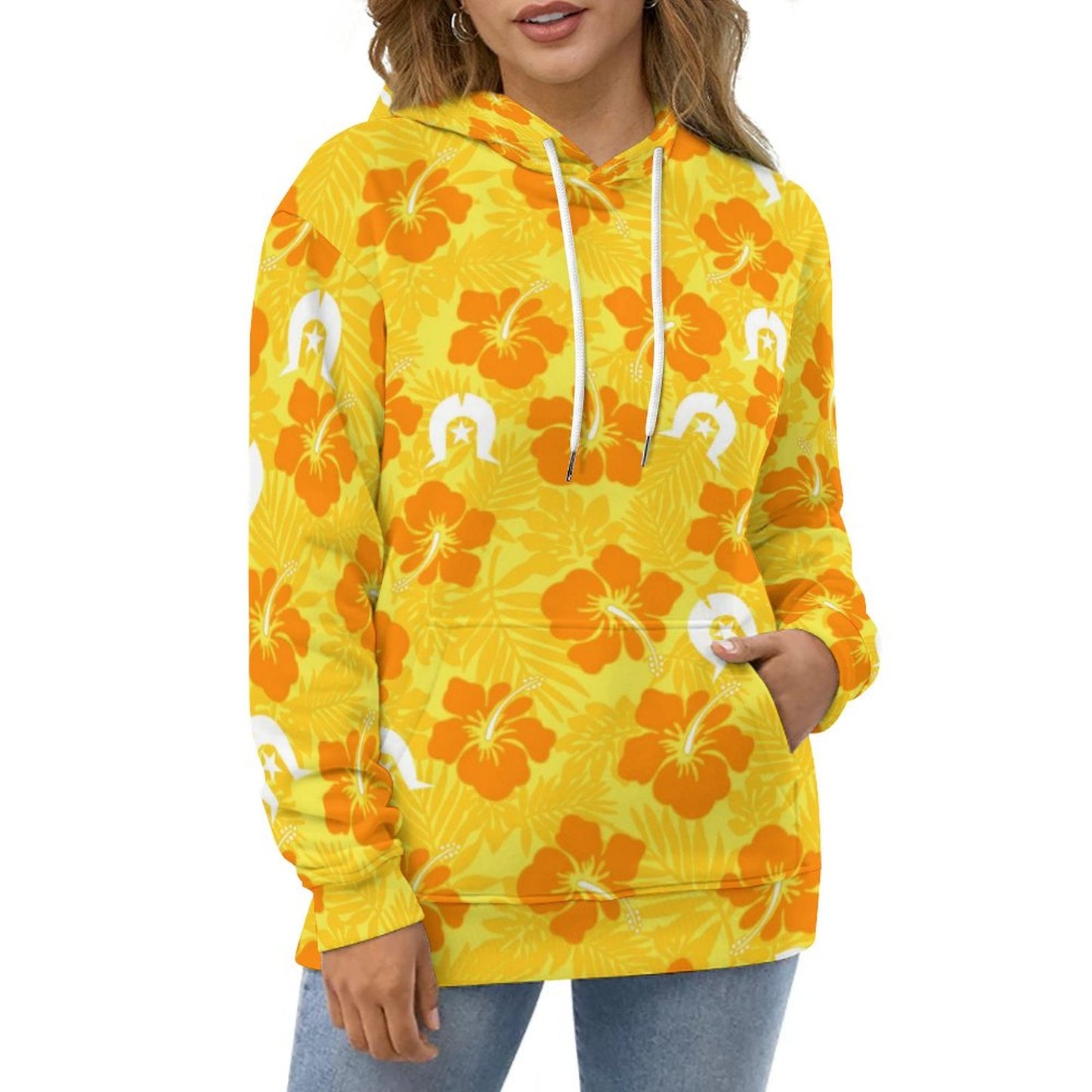 Hibiscus flowers with Dhari (Gold) on Lady Hoodie with Double-layer Cap