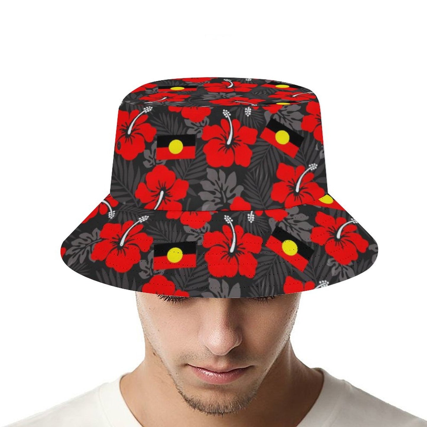 Hibiscus flowers with Aboriginal Flag on Bucket Hat