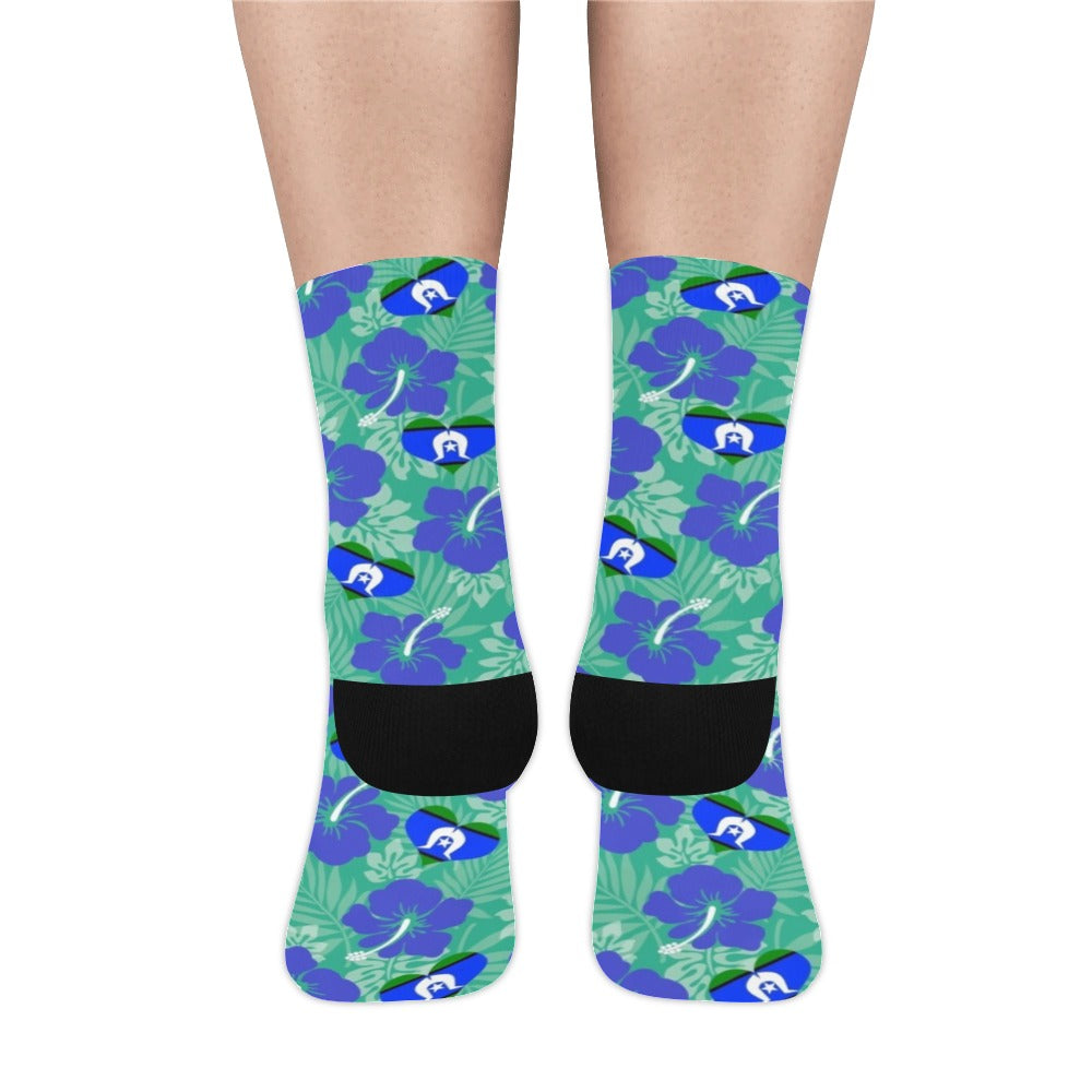 Hibiscus flowers with Torres Strait Heart Flag on Crew Socks (Made In AUS)