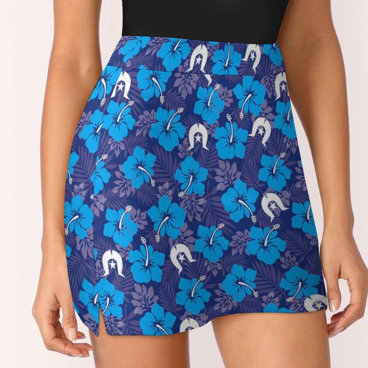 Hibiscus flowers with White Dhari (Royal blue)  on Anti-peep Skort with Pocket AMQ
