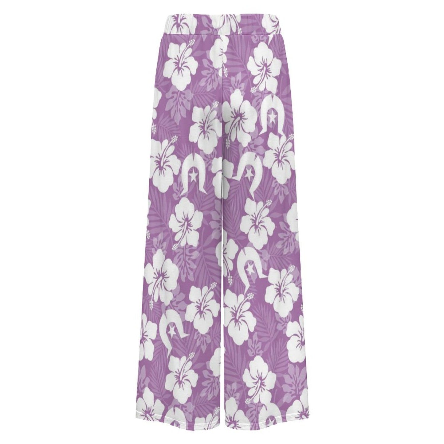 White Hibiscus and Dhari (Purple) on Women’s Wide-Leg Pants