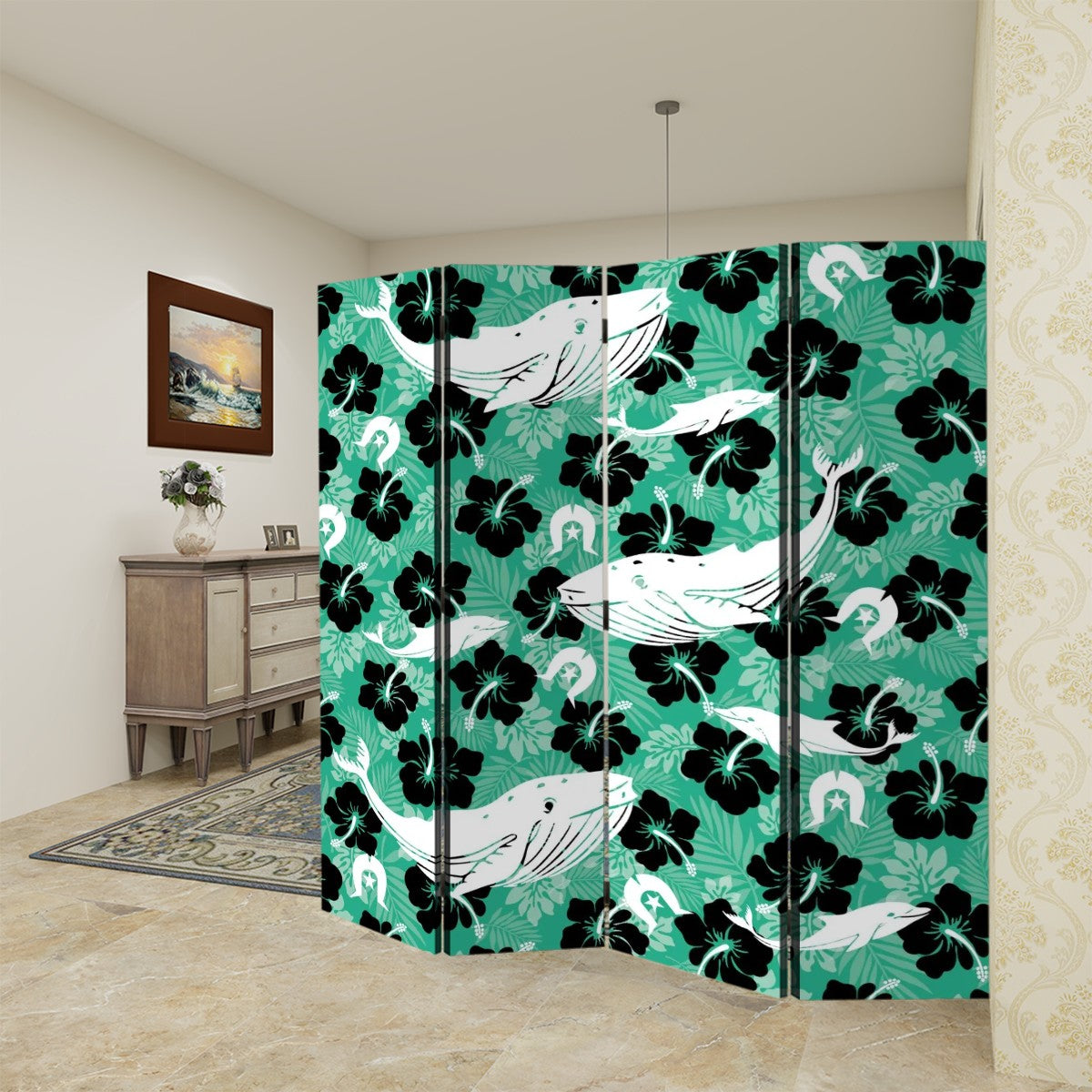 Black Hibiscus with Whale, Dolphin and Dhari on Room Divider Folding Screen 4 Panel