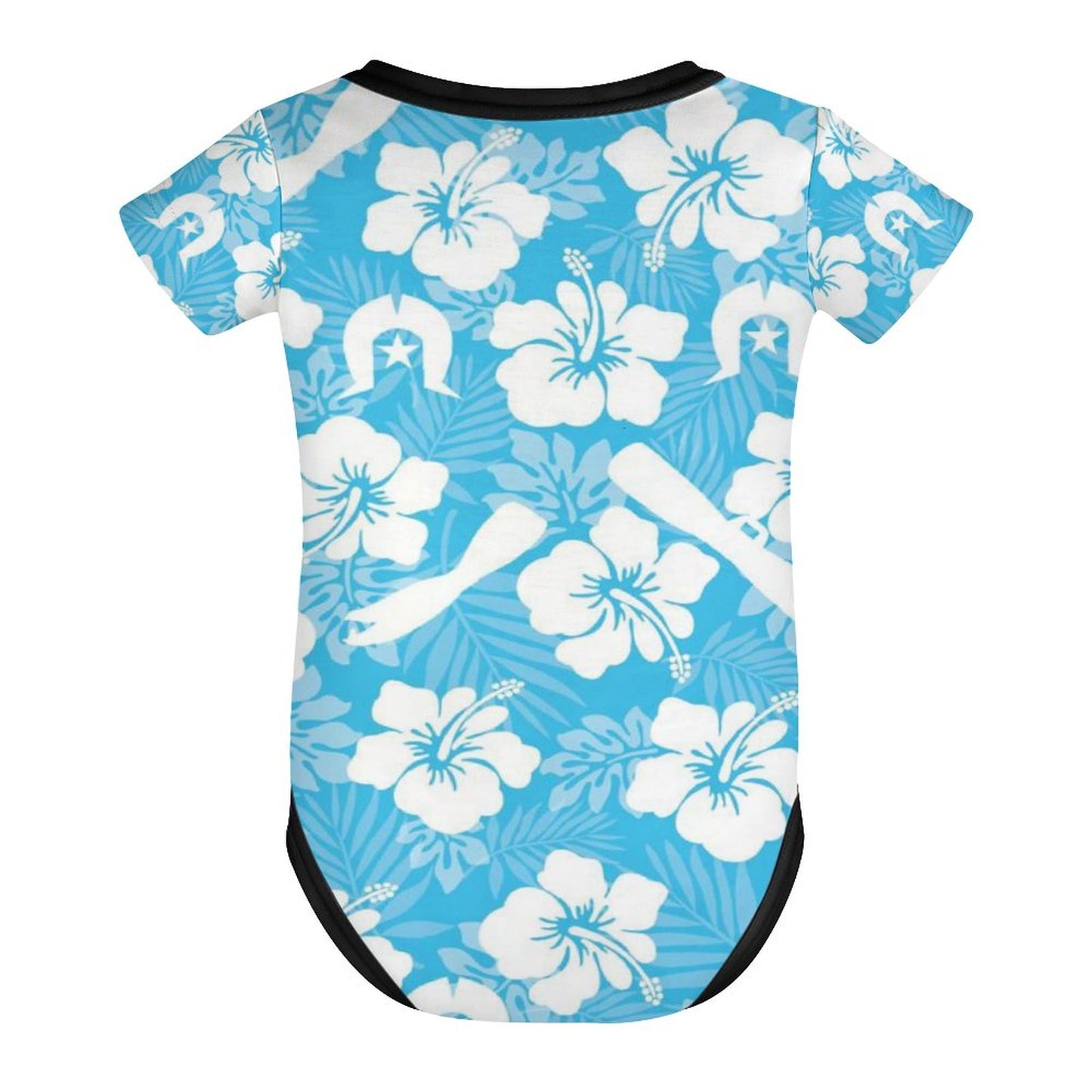 White Hibiscus flowers, Warup and Dhari on Faux Cotton Short Sleeve Baby Romper