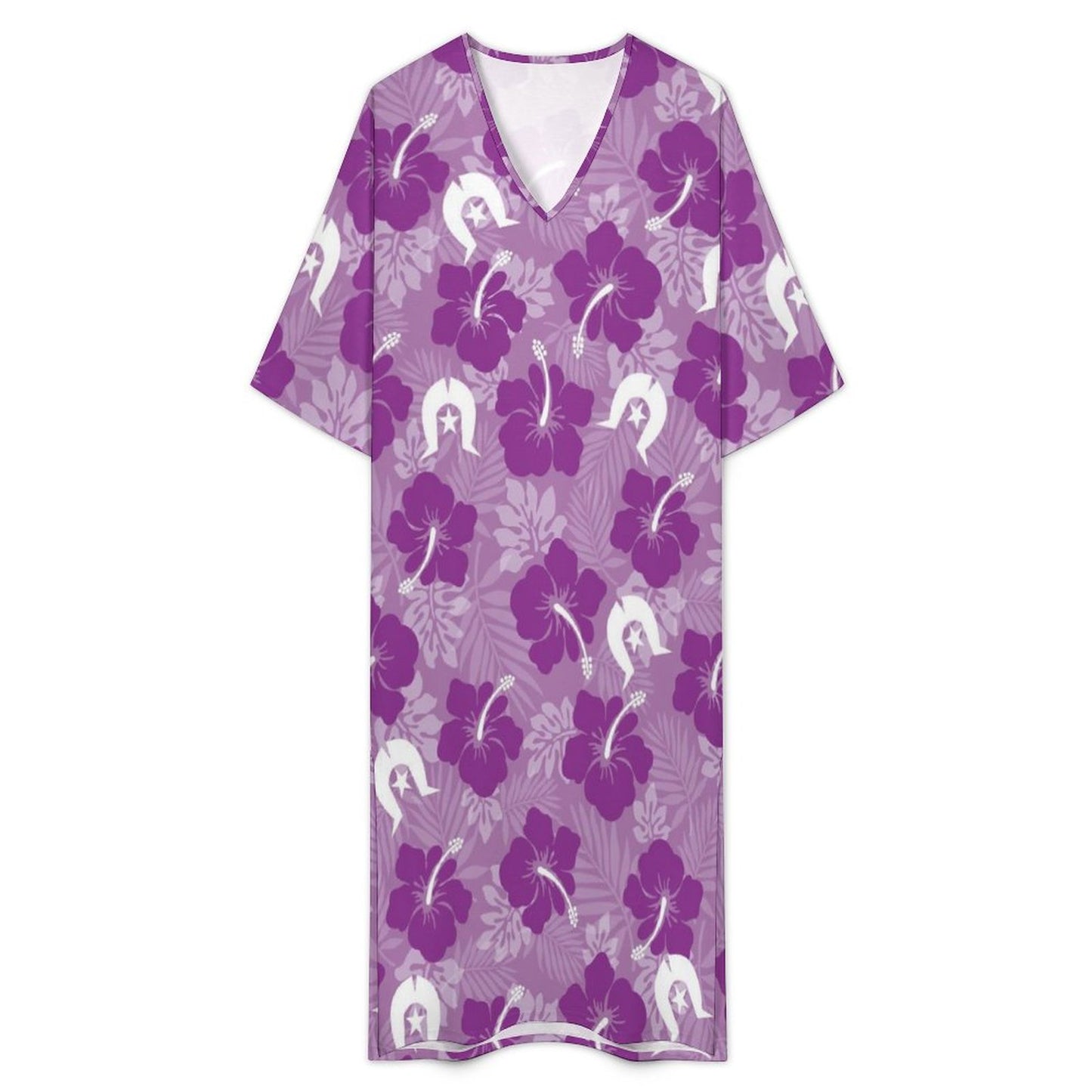 Hibiscus flowers with Dhari (Royal purple) on Mediterranean Style V Neck Mid-Sleeve Robe