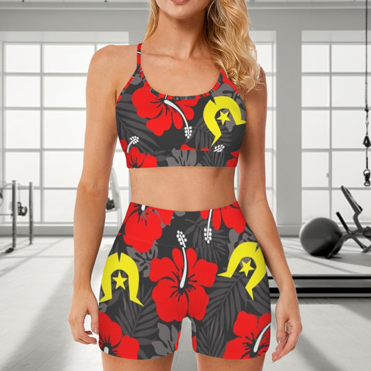 Royal Red Hibiscus with Yellow Dhari on Cross Back String Sports Bra & High Waist Shorts Active Sets