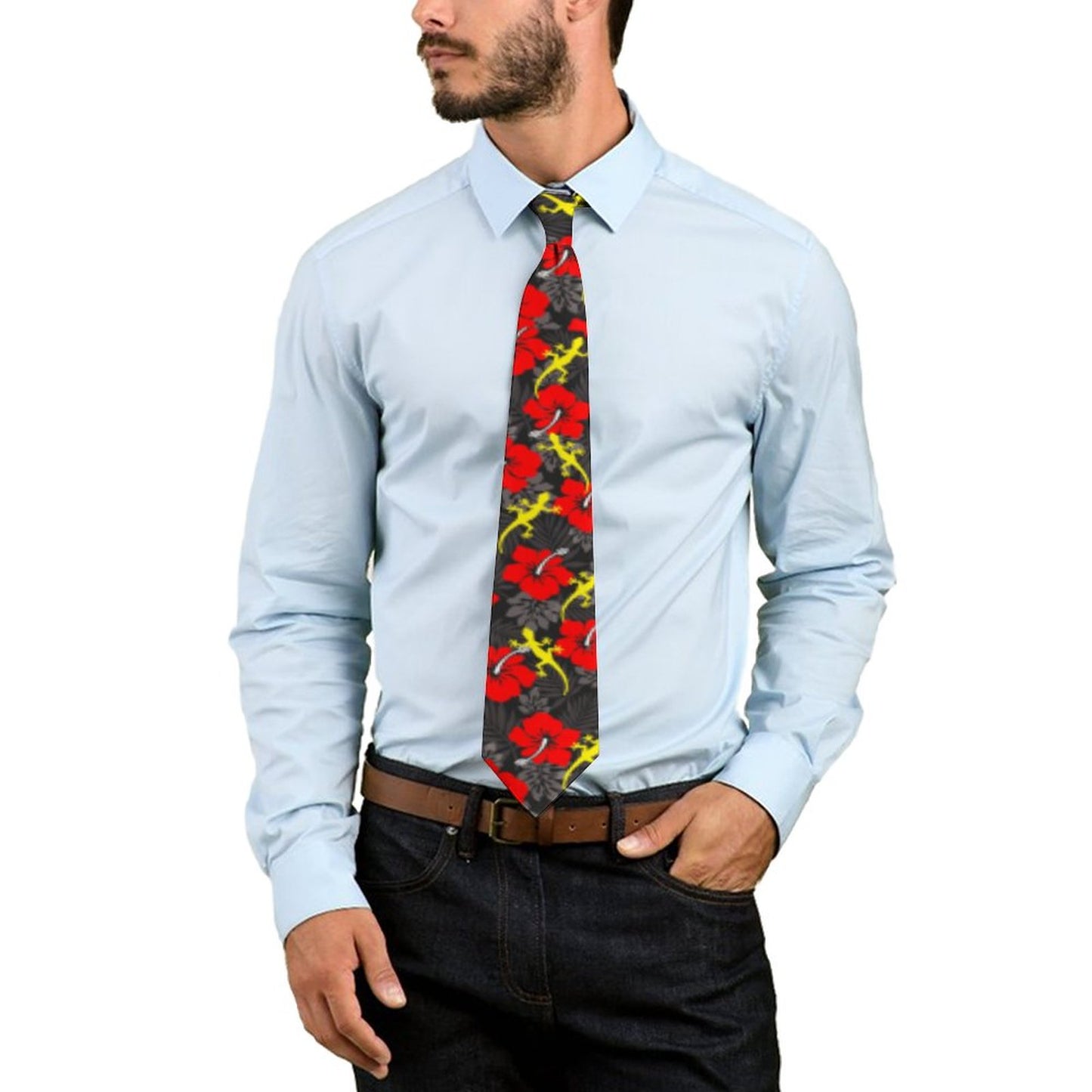 Royal Red Hibiscus flowers with Gecko on Men's Formal Tie