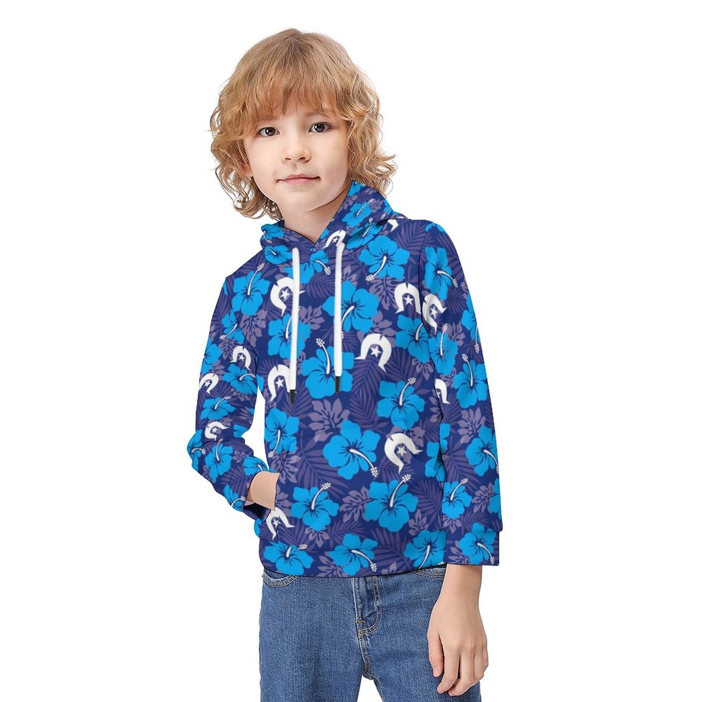 Hibiscus flowers with White Dhari (Royal blue) on Children's Hoodie