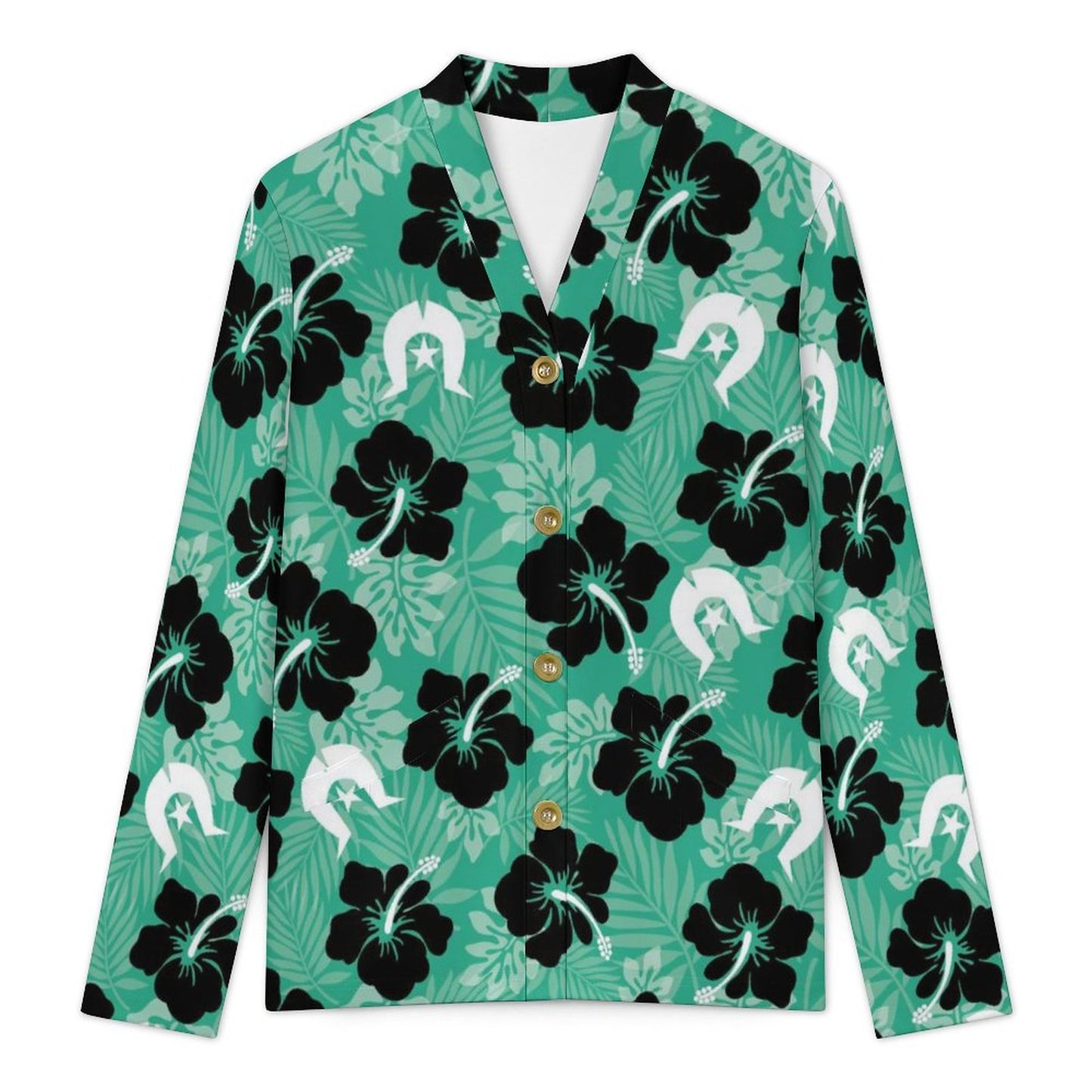 Black Hibiscus with White Dhari on 170gsm Women's Lightweight Cardigan