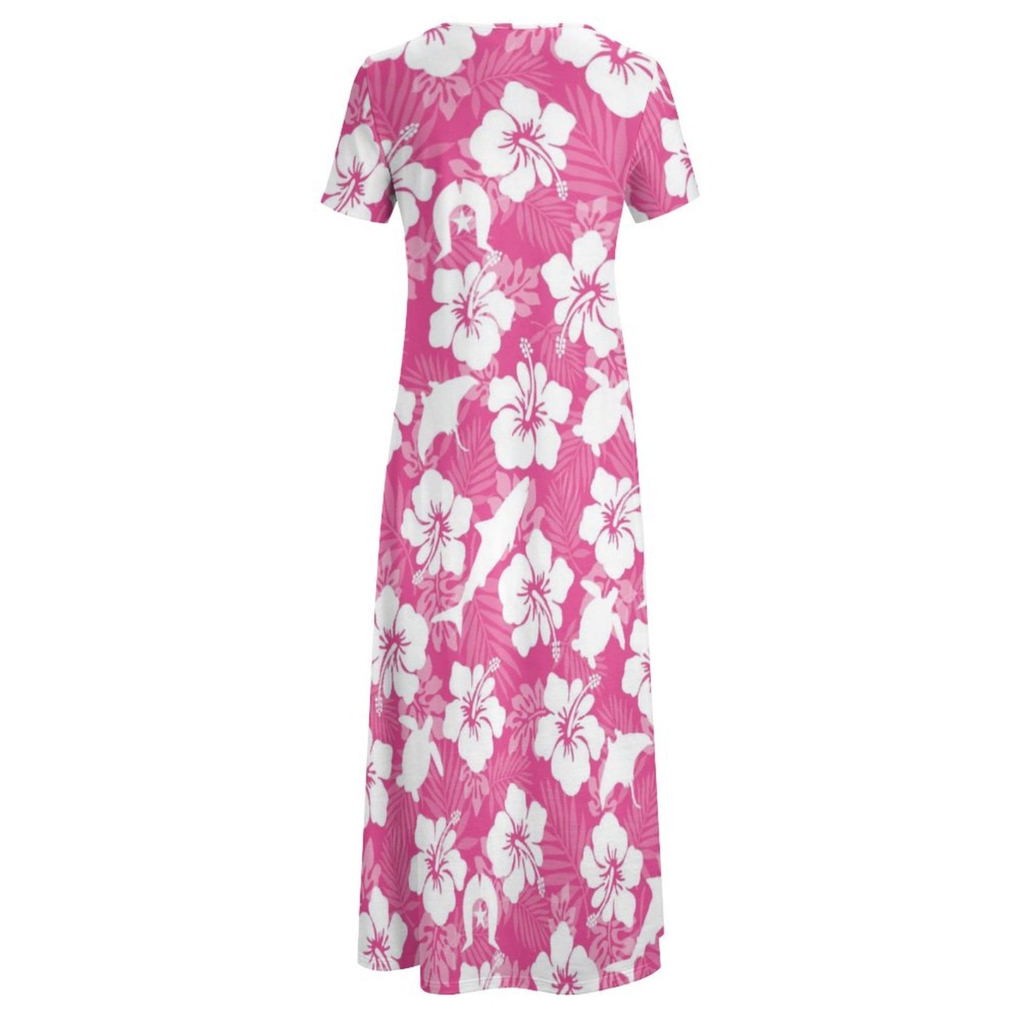 White hibiscus flowers with Dhari, Shark, turtle, and stingray (Pink) on Round Neck Short Sleeve Dress