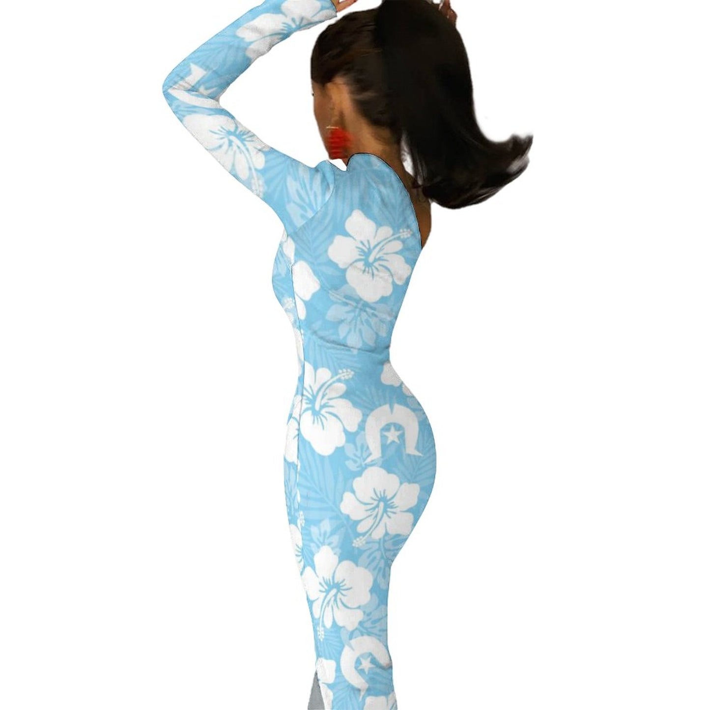 White Hibiscus and Dhari (blue) on One Shoulder Split Dress BIQ