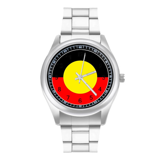 Aboriginal Flag on Simple Stainless Steel Watch
