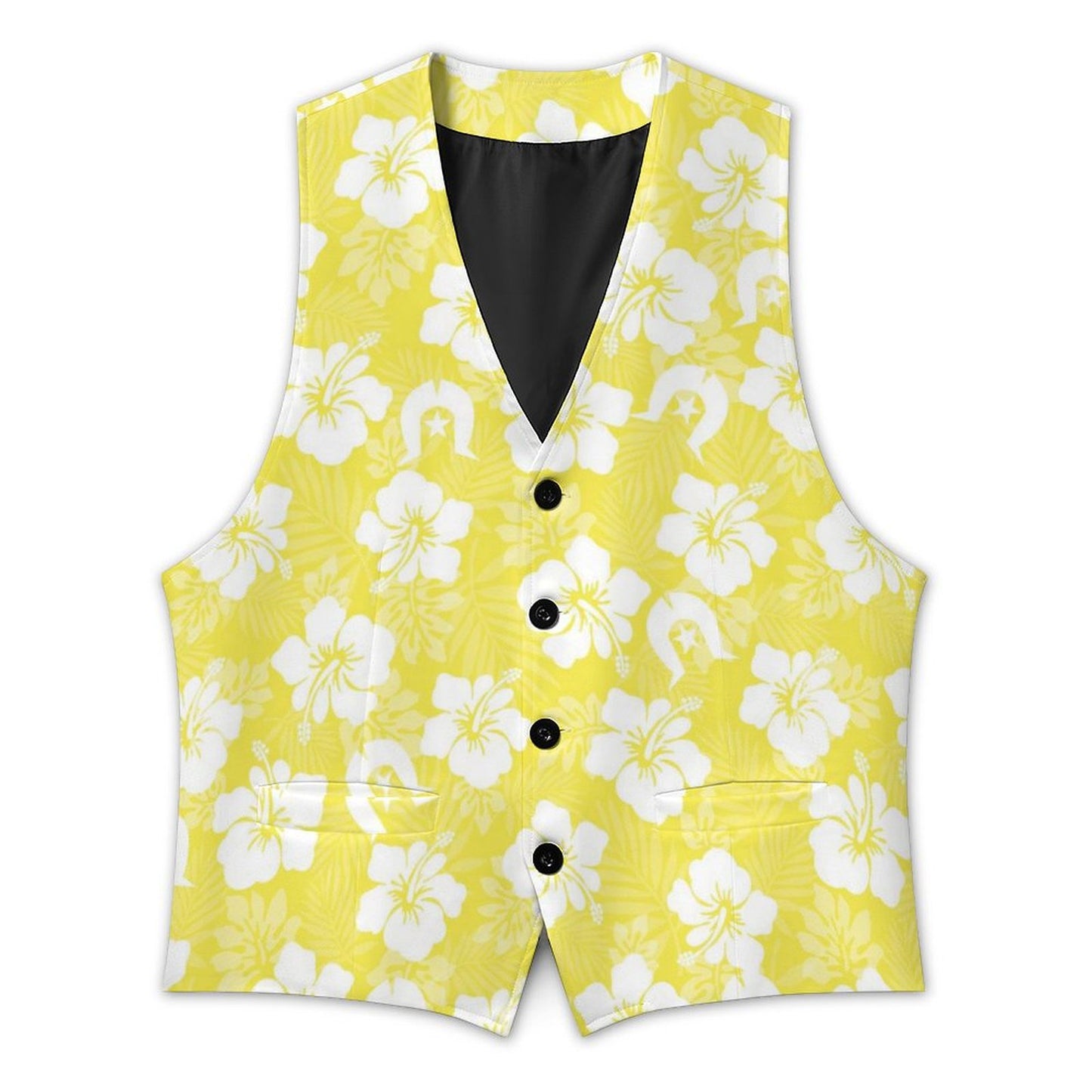 White Hibiscus flowers with Dhari (Yellow) on Men's Sleeveless Suit Vest