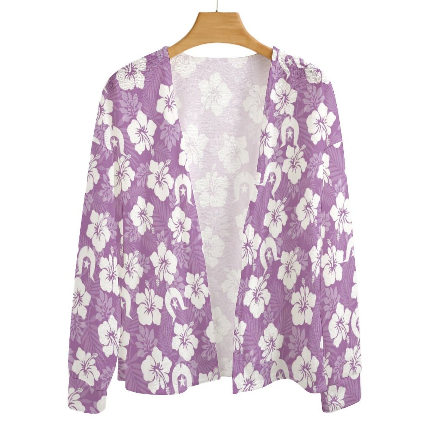 White Hibiscus and Dhari (Purple) on Long Sleeve Drop Shoulder Open Shirt