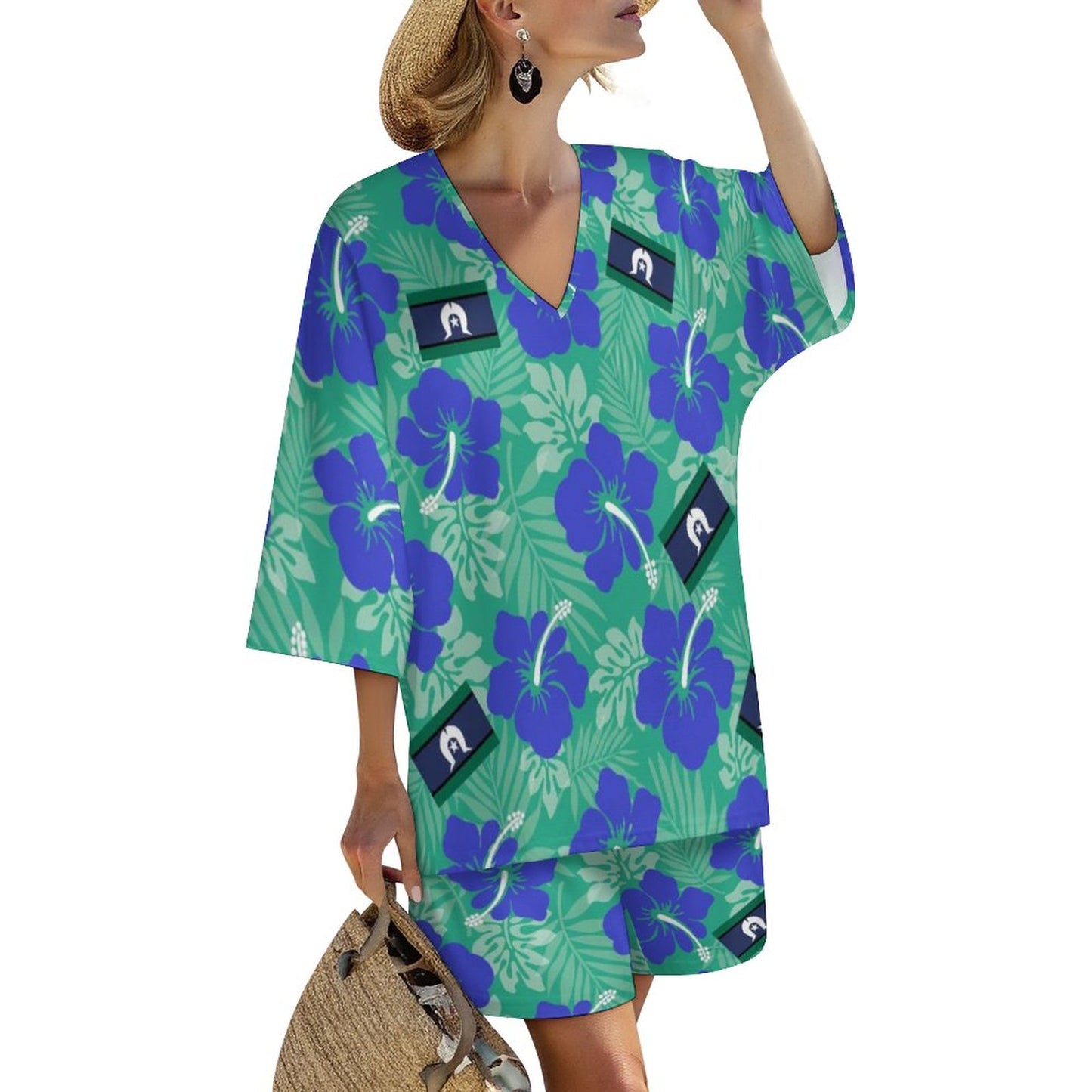 Hibiscus flowers with Torres Strait flag on Mediterranean Style V-Neck Suit